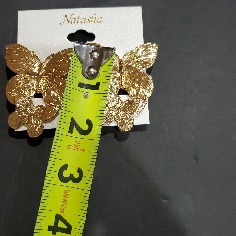 Natasha couture gold tone 2 stacked butterfly latchback‎ earrings brand new